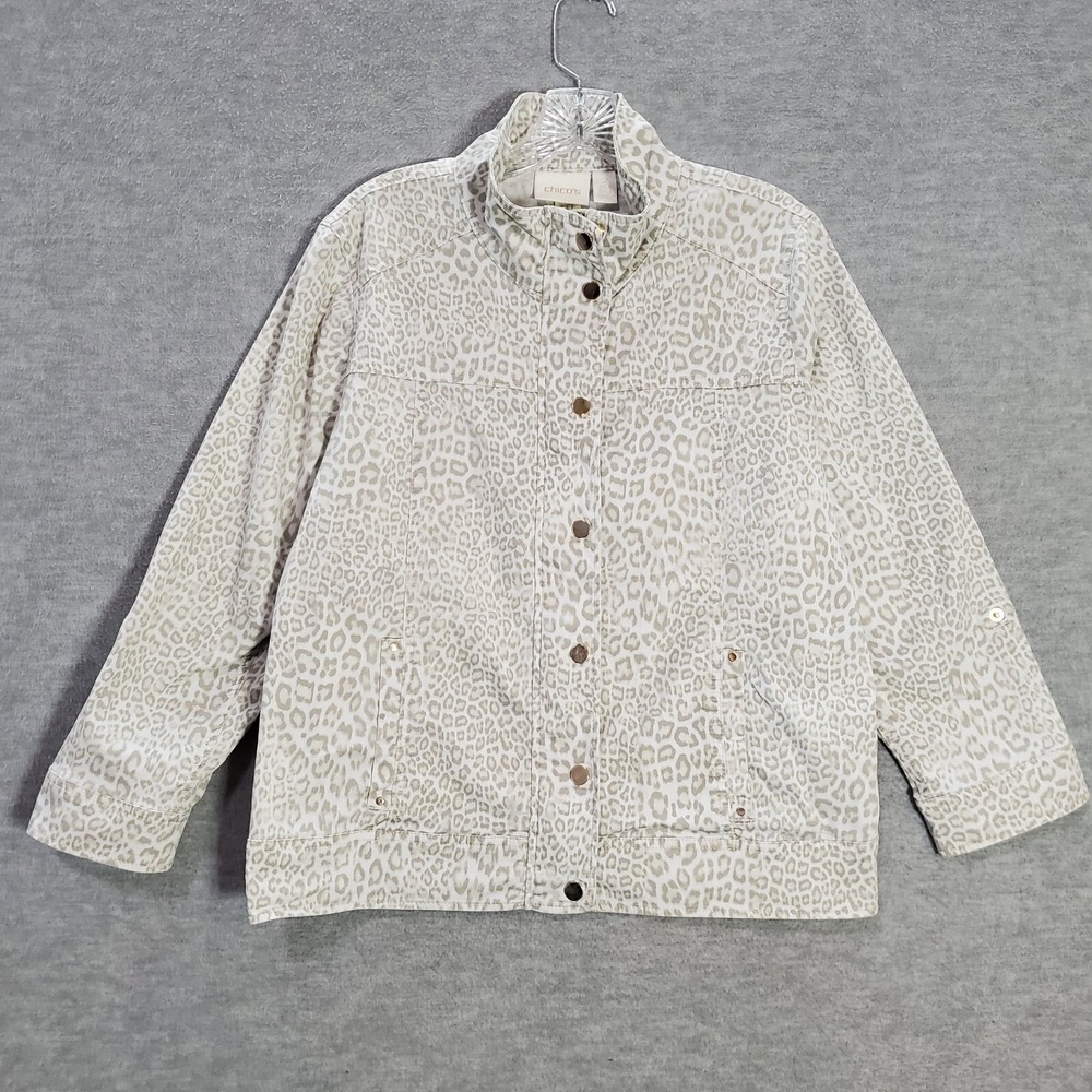 Chico's Women Jacket 2 Beige Cheetah Utility Roll Tab Sleeve Mock Neck